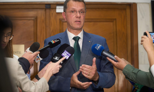 Bucharest, Romania. 20th Oct, 2025: Ionut Mosteanu, Romanian Minister of Defense, speaks to the press after the meeting of the defense committees of the Romanian Parliament. The discussion focused on the four-month voluntary military service and the Minis