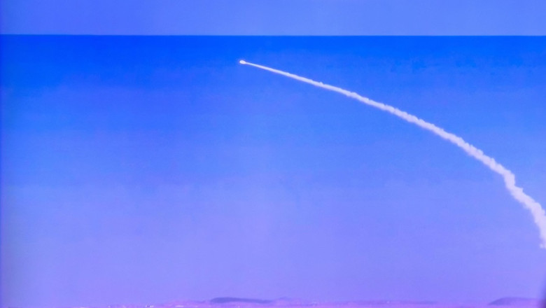 A 24-hour Yonhap news TV broadcast at Seoul Railway Station showing a news broadcast with a test-fire of the latest surface-to-air missile(SAM) to examine its comprehensive performance at an undisclosed location in North Korea. North Korea has successfull