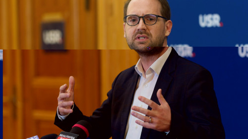 Bucharest, Romania. 10th Apr, 2025: Dominic Fritz, vice president of the Save Romania Union (USR), holds a press conference after USR voted, in an informal Political Committee meeting, to support Nicusor Dan in the 2025 Romanian presidential race against