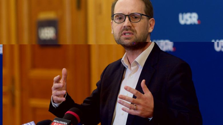 Bucharest, Romania. 10th Apr, 2025: Dominic Fritz, vice president of the Save Romania Union (USR), holds a press conference after USR voted, in an informal Political Committee meeting, to support Nicusor Dan in the 2025 Romanian presidential race against