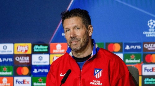Atletico Madrid coach Diego Pablo Simeone attends a press conference ahead of the UEFA Champions League match against Inter Milan at the Riyadh Air Metropolitano Stadium.