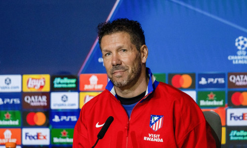 Atletico Madrid coach Diego Pablo Simeone attends a press conference ahead of the UEFA Champions League match against Inter Milan at the Riyadh Air Metropolitano Stadium.