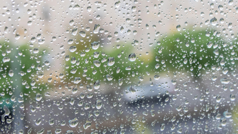 Raindrops clinging to window glass, blurring the distant urban street and green trees