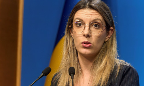Bucharest, Romania. 16th Oct, 2025: Diana Buzoianu, the Romanian Minister of Environment, Waters and Forests, holds a press briefing after cabinet meeting at Victoria Palace, the Romanian Government headquarters. Credit: Lucian Alecu/Alamy Live News