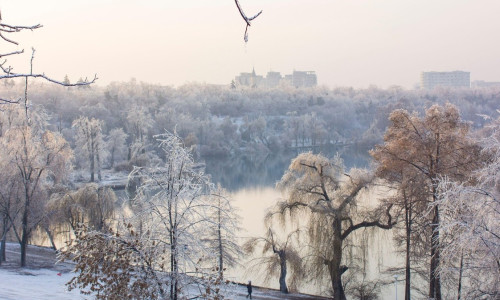 Winter landscape by the lake
