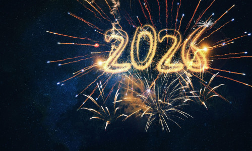 Happy New Year 2026 Fireworks on Night Sky Universe in Blue. 2026 new year, new year's eve, celebration greeting card, new year card long - Golden Yea