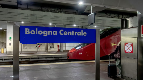 An Italo high speed train waits at Bologna Centrale railway station in hte lower underground level of Bologna Centrale train station in Bologna ,Italy
