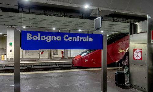 An Italo high speed train waits at Bologna Centrale railway station in hte lower underground level of Bologna Centrale train station in Bologna ,Italy