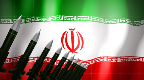 Cruise missiles, flag of Iran in background - defense concept - 3D illustration