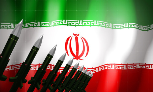 Cruise missiles, flag of Iran in background - defense concept - 3D illustration