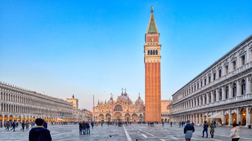 Venice, Italy, Dec 26 2018, Evening panorama of Piazza San Marco in Venice, Italy
