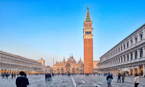Venice, Italy, Dec 26 2018, Evening panorama of Piazza San Marco in Venice, Italy