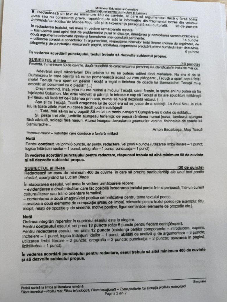 simulare bac 2026 romana - profil real 2