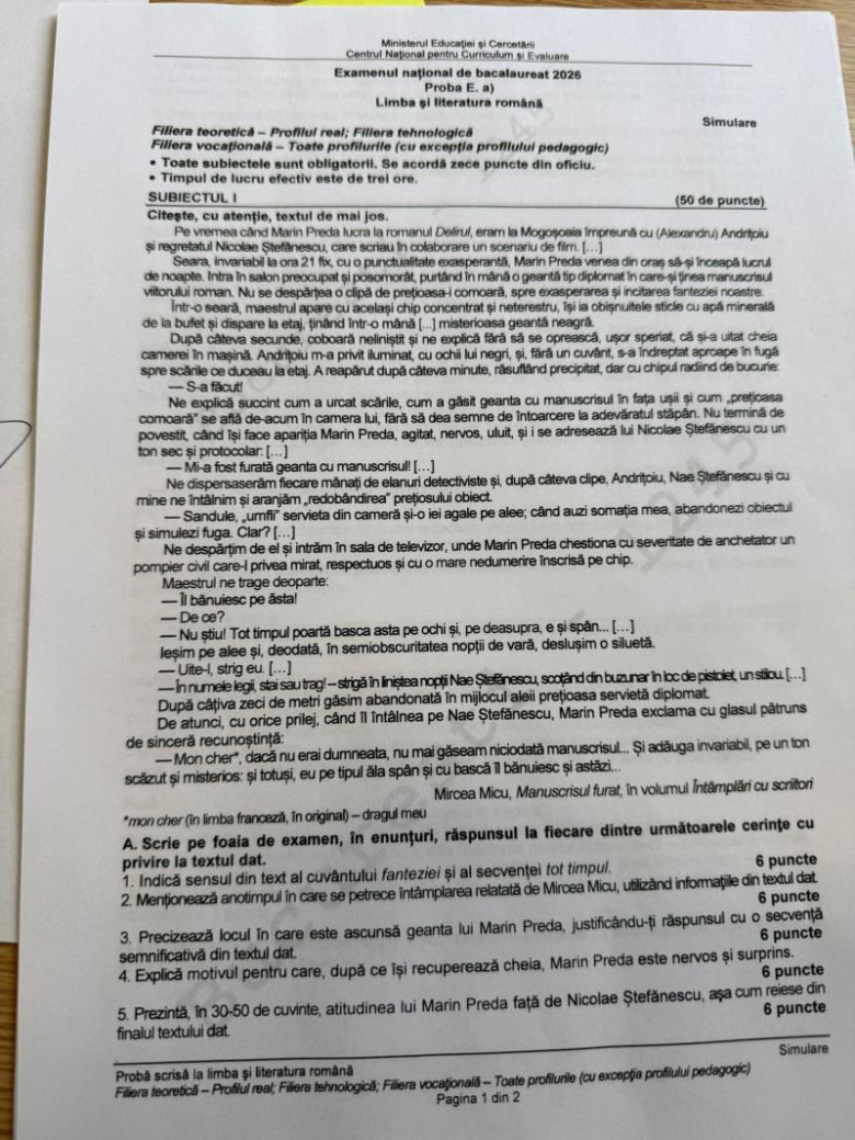 simulare bac 2026 romana - profil real 1