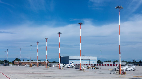 venice, Italy - July 1, 2021: apron position for parking aircrafts at tourists at the Venice Airport Marco Polo.