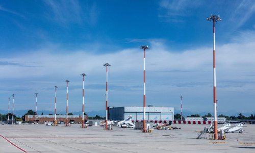 venice, Italy - July 1, 2021: apron position for parking aircrafts at tourists at the Venice Airport Marco Polo.
