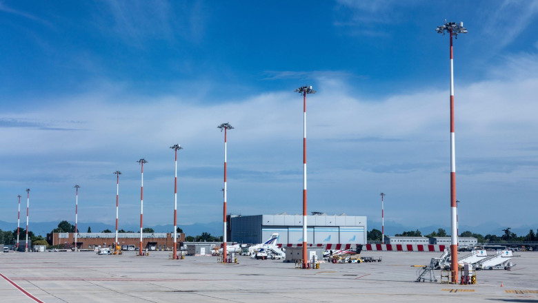 venice, Italy - July 1, 2021: apron position for parking aircrafts at tourists at the Venice Airport Marco Polo.