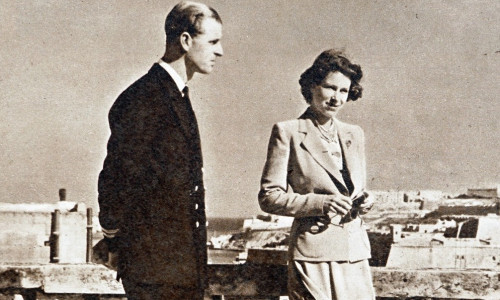 Princess Elizabeth and The Duke of Edinburgh on the terrace at Villa Guardamangia in Malta