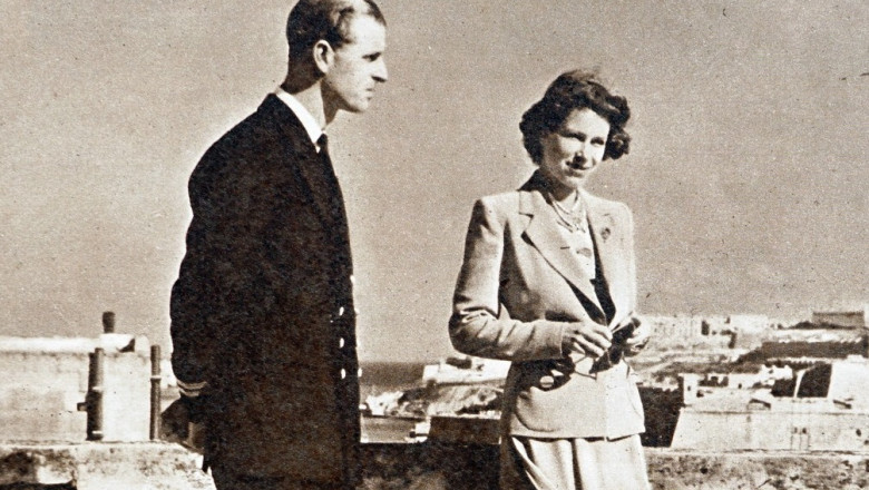 Princess Elizabeth and The Duke of Edinburgh on the terrace at Villa Guardamangia in Malta