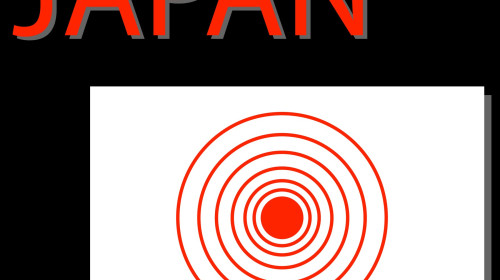 Japan flag with epicenter of strong earthquake