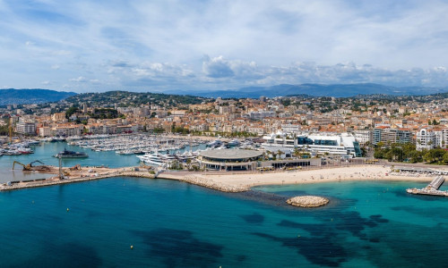 Aerial panorama of Cannes, Bay of Cannes, La Croisette, and Old Port