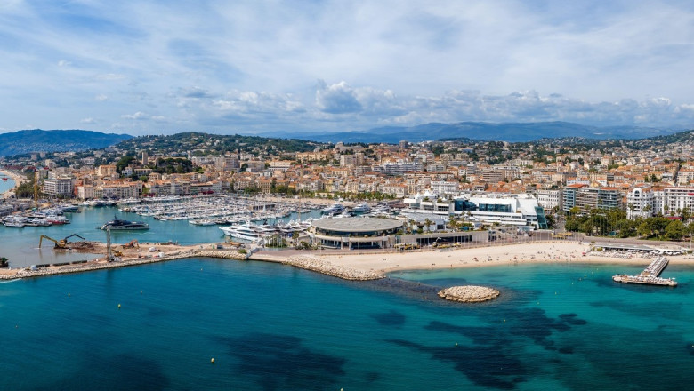 Aerial panorama of Cannes, Bay of Cannes, La Croisette, and Old Port