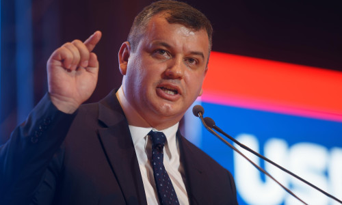 Bucharest, Romania. 17th June, 2023: MEP Daniel Tomac, the president of the Popular Movement Party (PMP), delivers a speech at the Congress of the Save Romania Union (USR) party. Credit: Lucian Alecu/Alamy Live News