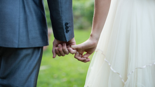 Wedding couple holding hands in garden