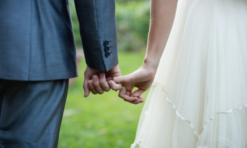 Wedding couple holding hands in garden