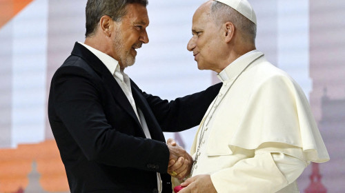 Pope Leo XIV greets actor Antonio Banderas during a meeting with representatives of the worlds of art, education, economy and sport in Madrid, Spain on June 7, 2026 on the second day of his pastoral visit to Spain. Speaking at Madrid's Movistar Arena duri