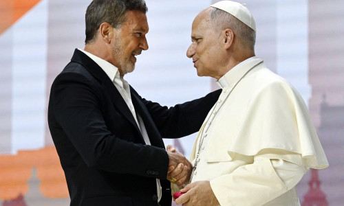 Pope Leo XIV greets actor Antonio Banderas during a meeting with representatives of the worlds of art, education, economy and sport in Madrid, Spain on June 7, 2026 on the second day of his pastoral visit to Spain. Speaking at Madrid's Movistar Arena duri