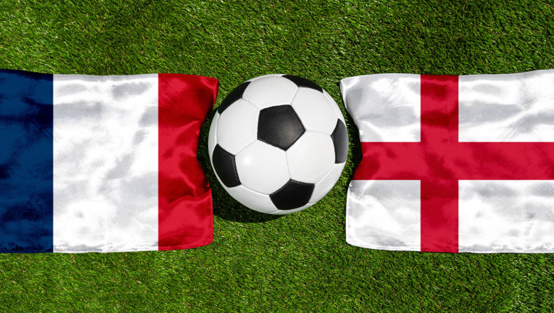July 16, 2026: PHOTO MONTAGE, 2026 FIFA World Cup, WM, Weltmeisterschaft, Fussball National flags of France and England