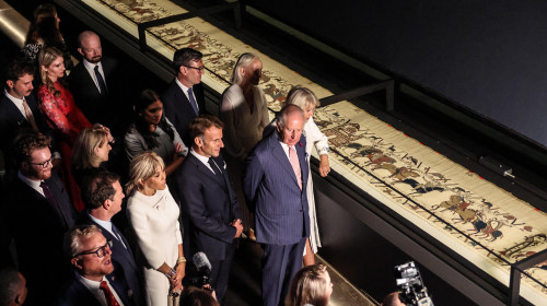King Charles III And Queen Camilla View The Bayeux Tapestry Exhibition