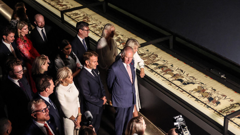 King Charles III And Queen Camilla View The Bayeux Tapestry Exhibition