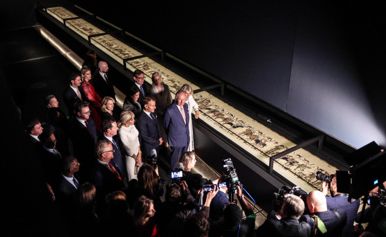 King Charles III And Queen Camilla View The Bayeux Tapestry Exhibition