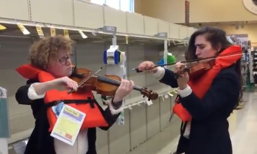 Violoniste în fața raftului gol de hârtie igienică