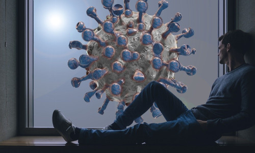 Bărbat stă la fereastră cu COVID-19 dincolo de geam, coronavirus