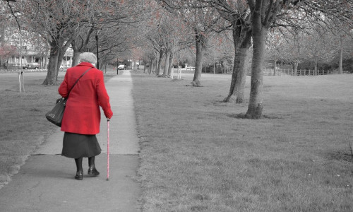 Bătrână se plimbă pe alee, vârstnică, pensionară, babă
