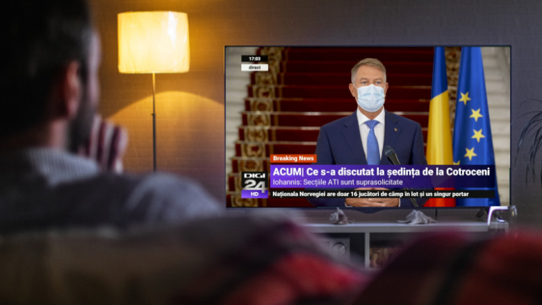 Bărbat se uită la televizor la Klaus Iohannis, televiziune, relaxare