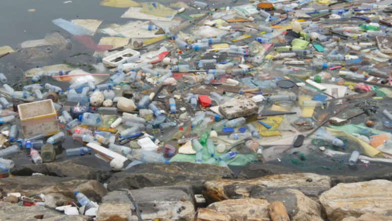 Deșeuri de plastic și menajere pe râu, poluare în apă, gunoaie în mediu