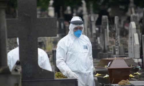 Înmormântare cu coșciug de decedat COVID-19, coronavirus, sicriu, mască, combinezon, SARS-CoV-2 mort