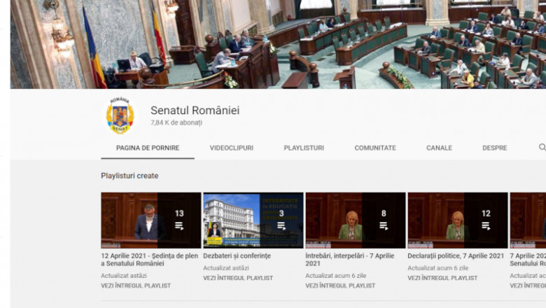 Pagina de YouTube a Senatului României