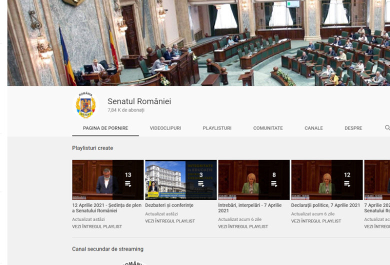 Pagina de YouTube a Senatului României