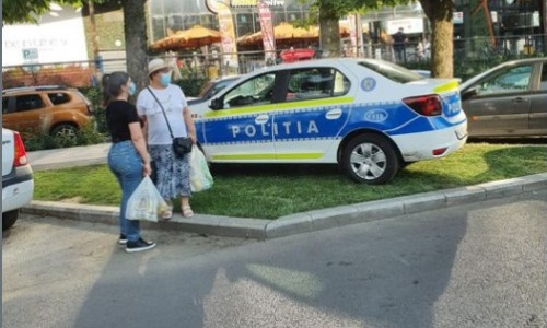 Mașină de poliție parcată pe iarbă