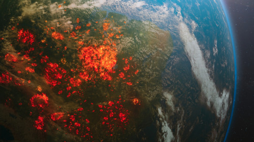 Incendii devastatoare pe planetă, Terra arzând cu foc, flăcări, schimbări climatice dezastruoase, catastrofă de încălzire globală