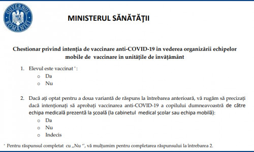 Chestionar intentie de vaccinare elevi