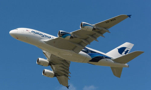 Farnborough International Airshow 2012. Malaysia Airlines new Airbus A380 during a display flight.