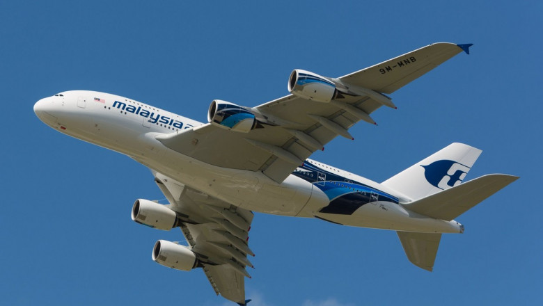 Farnborough International Airshow 2012. Malaysia Airlines new Airbus A380 during a display flight.