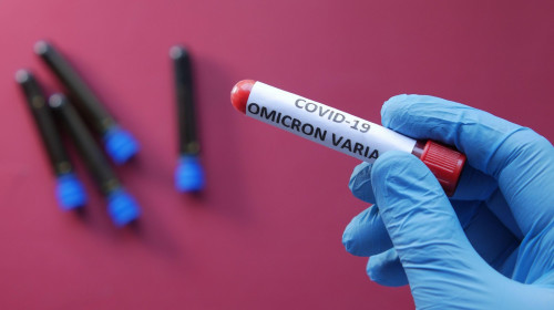 Un cadru medical ține în mână o epribetă cu sânge pe care scrie „variantă Omicron”