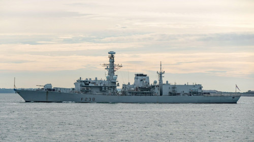 The Royal Navy frigate HMS Northumberland (F238) departing Portsmouth, UK on 7/6/21 for G7 Summit security patrol.